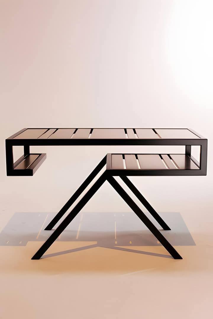 Mesa de trabajo con estructura de acero en A, doble nivel, acabado negro mate